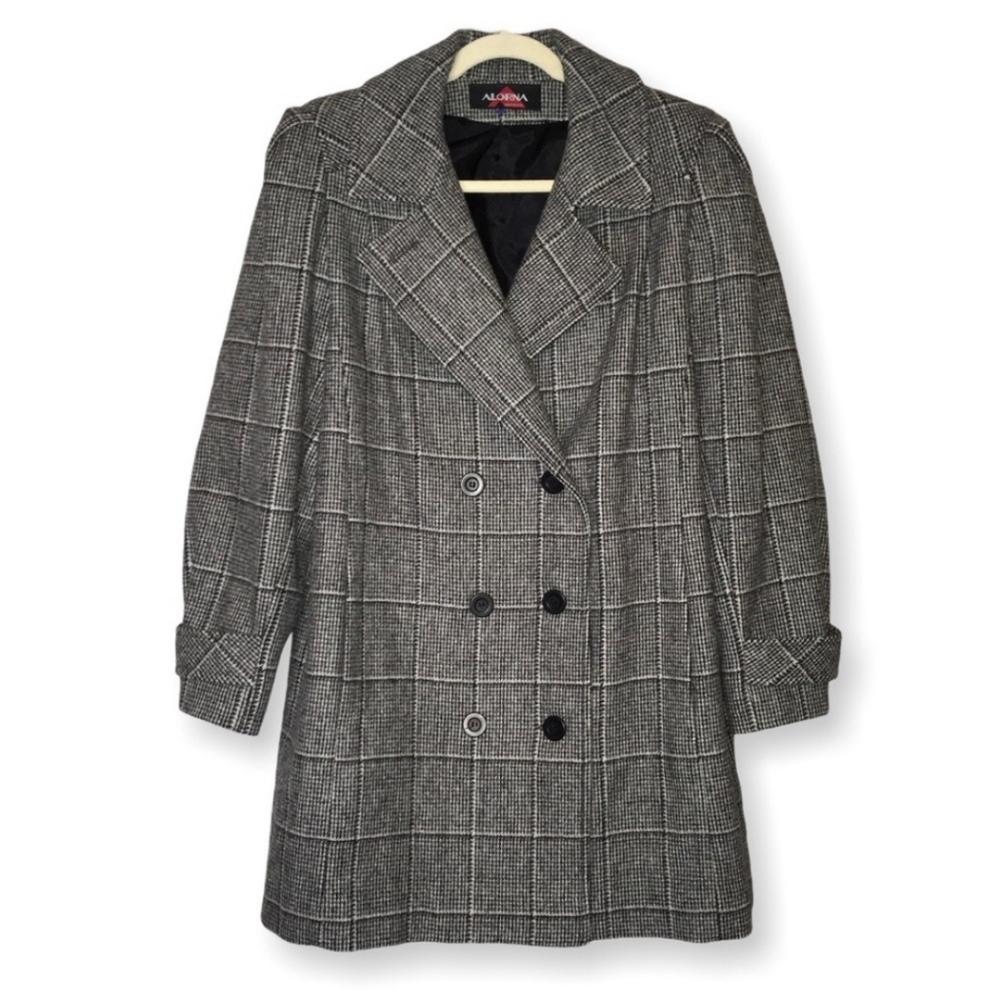 Vintage Alorna Black White Plaid Wool Trench Coat